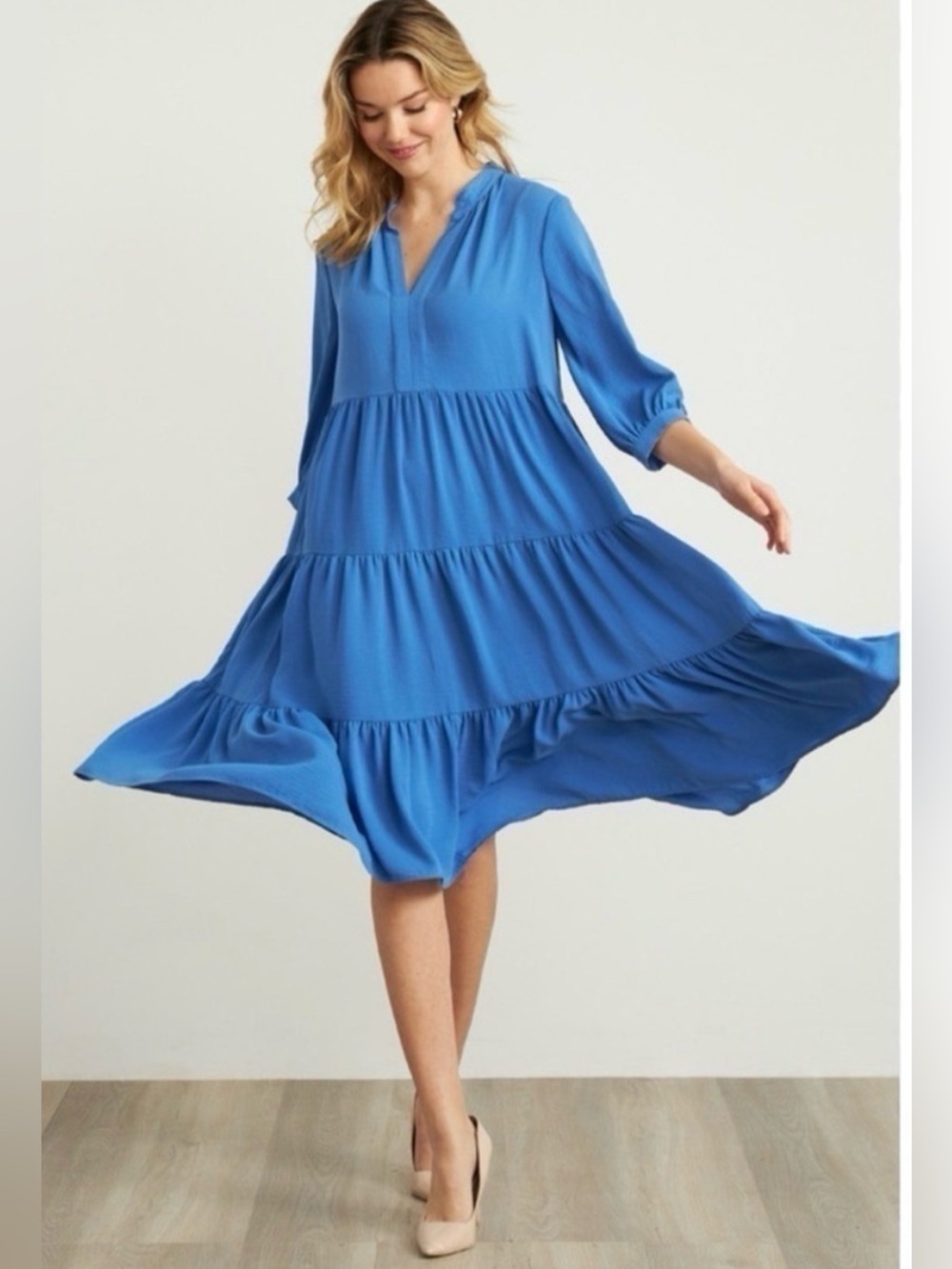 Joseph Ribkoff-Blue Tiered V-Neck Sneaker-Midi Dress-Pullover-EUC-Size 8-Blue